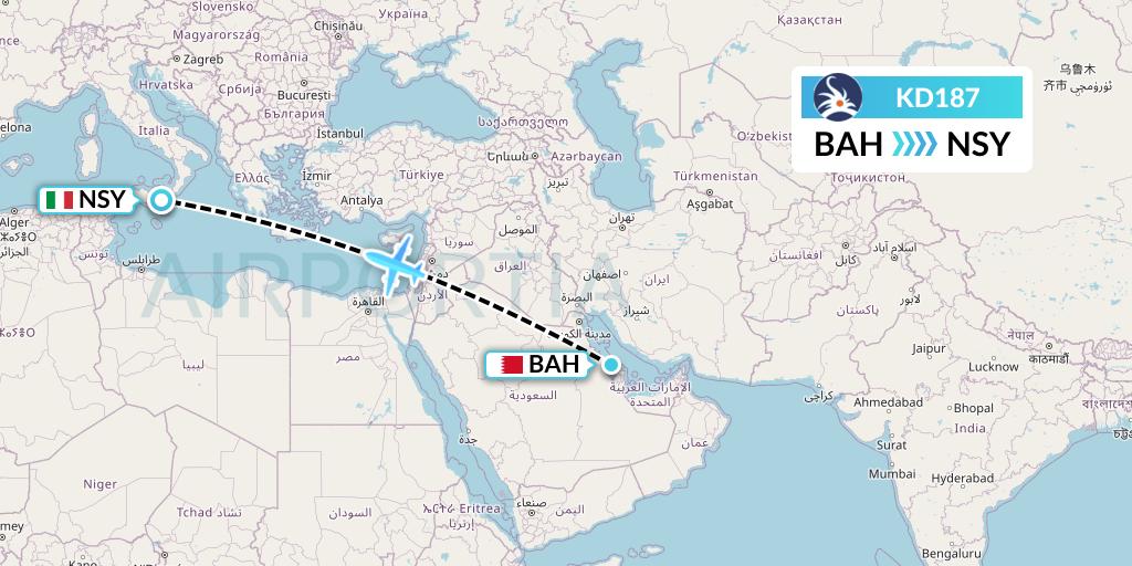 KD187 KalStar Aviation Flight Map: Bahrain to Italy