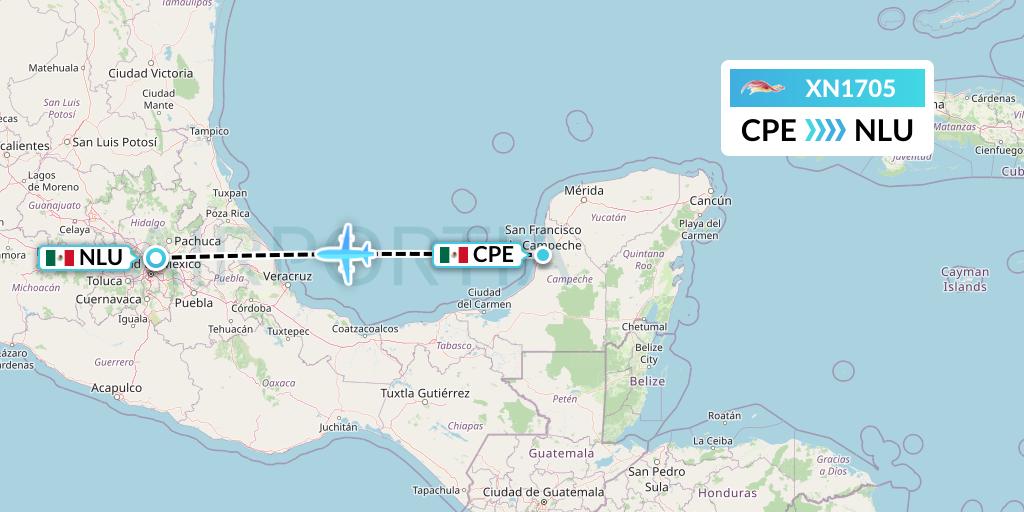 XN1705 Express Air Flight Map: Campeche to Reyes Acozac