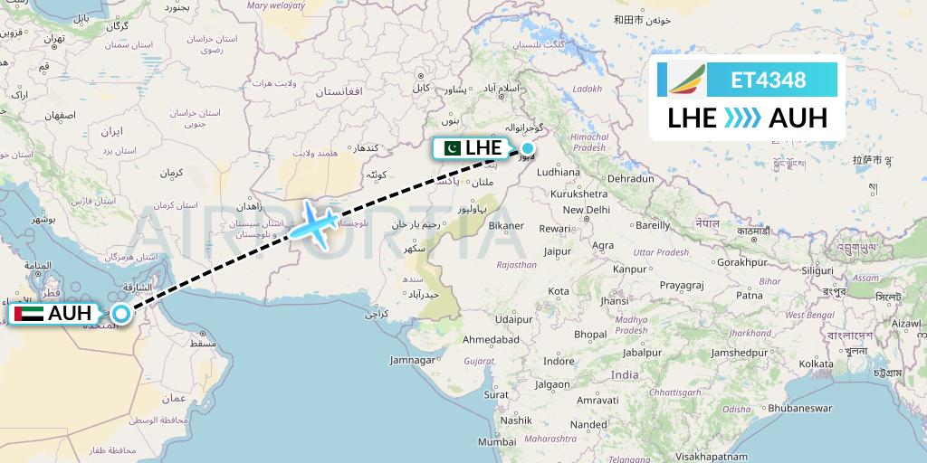 ET4348 Ethiopian Airlines Flight Map: Lahore to Abu Dhabi