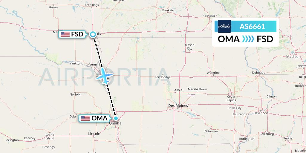 AS6661 Alaska Airlines Flight Map: Omaha to Sioux Falls