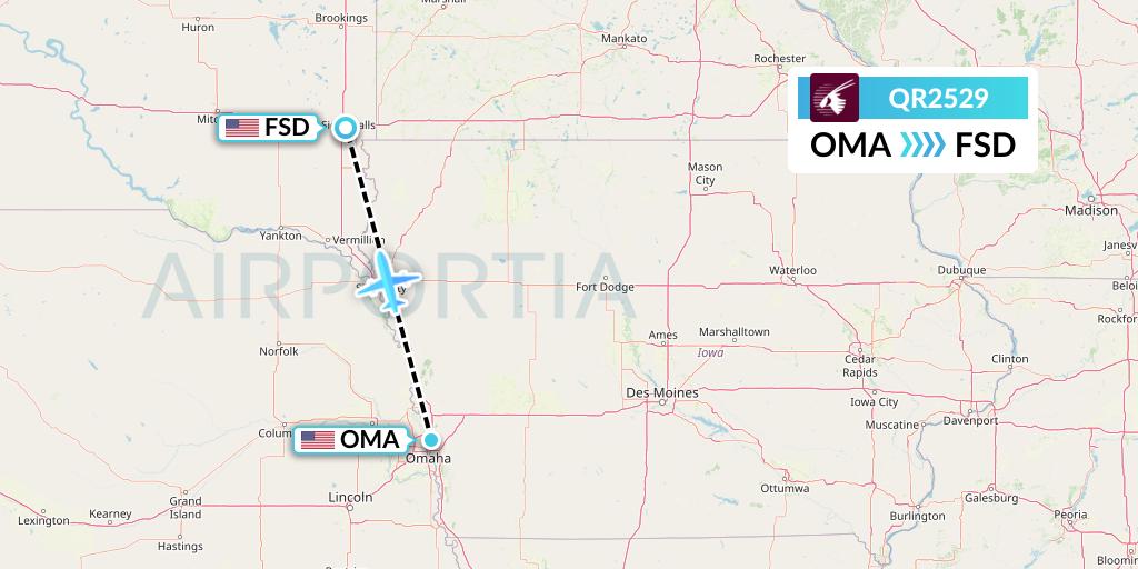 QR2529 Qatar Airways Flight Map: Omaha to Sioux Falls