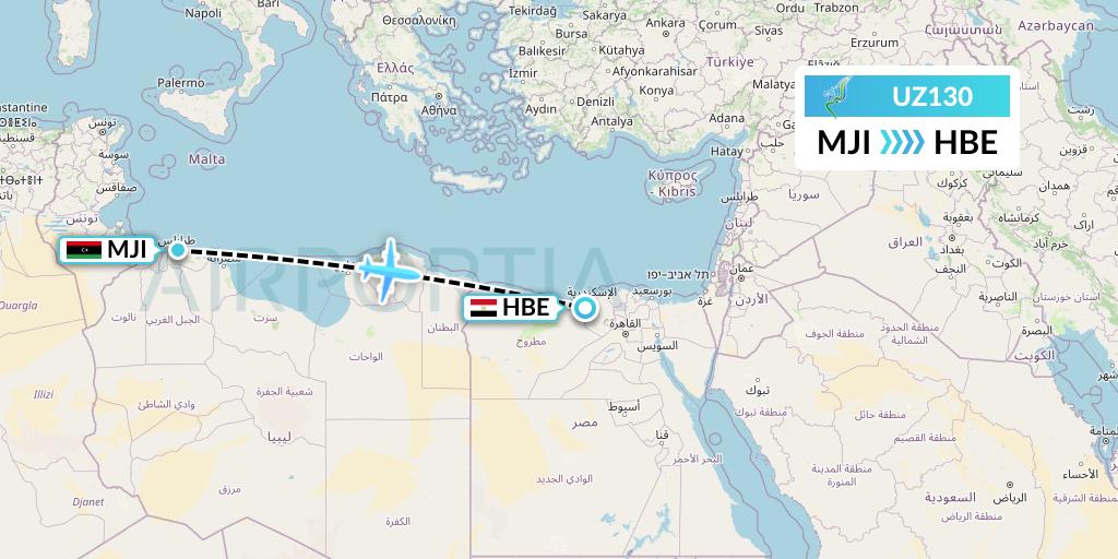 UZ130 Buraq Air Flight Map: Tripoli to Alexandria