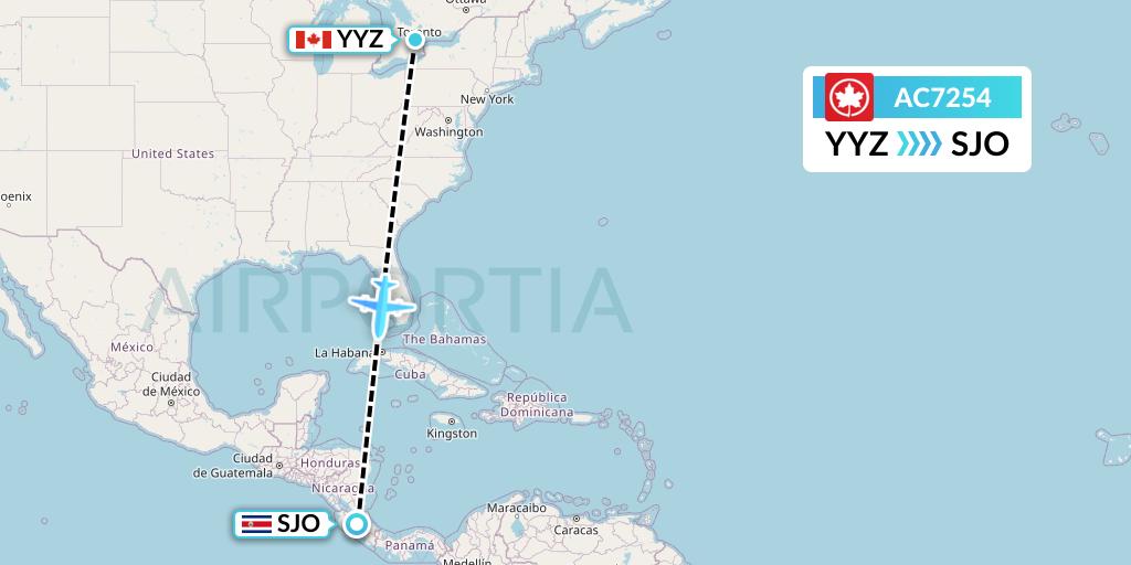AC7254 Air Canada Flight Map: Toronto to San Jose