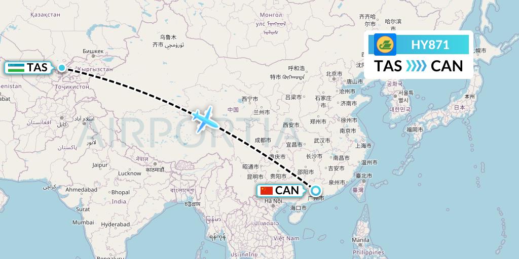 HY871 Uzbekistan Airways Flight Map: Tashkent to Guangzhou