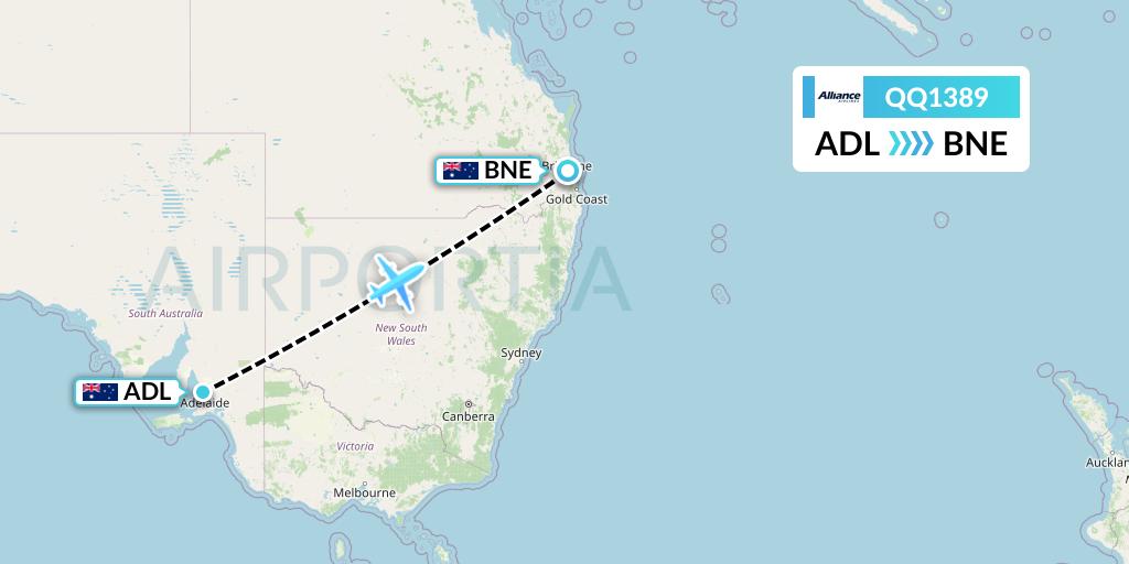 QQ1389 Alliance Airlines Flight Map: Adelaide to Brisbane