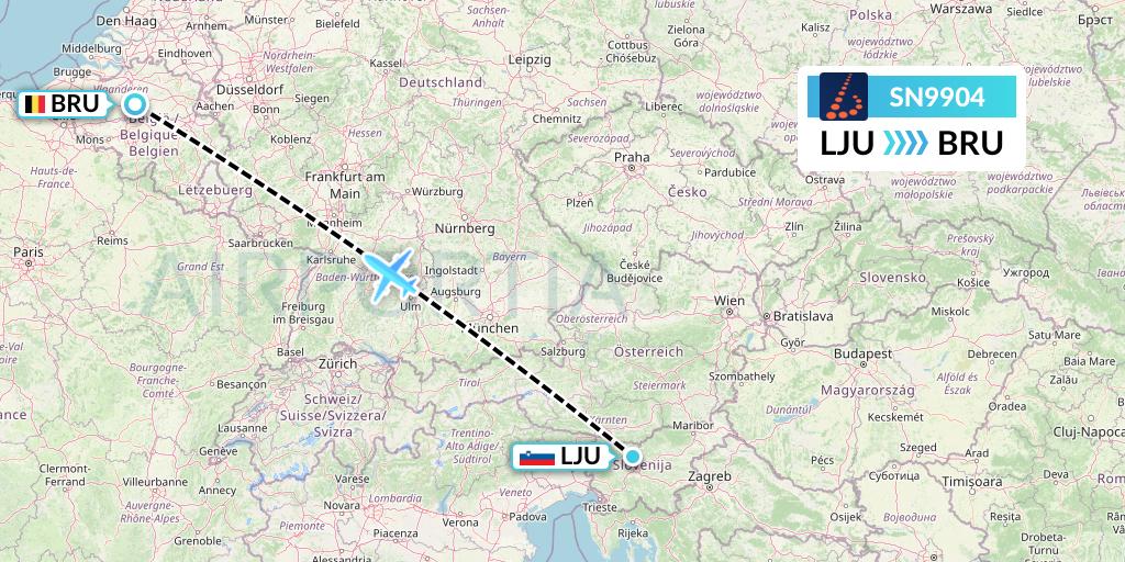 SN9904 Brussels Airlines Flight Map: Ljubljana to Brussels