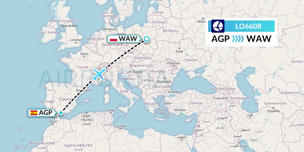LO6608 LOT Flight Map: Malaga to Warsaw