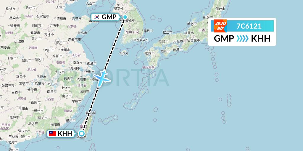 7C6121 Jeju Air Flight Map: Seoul to Kaohsiung