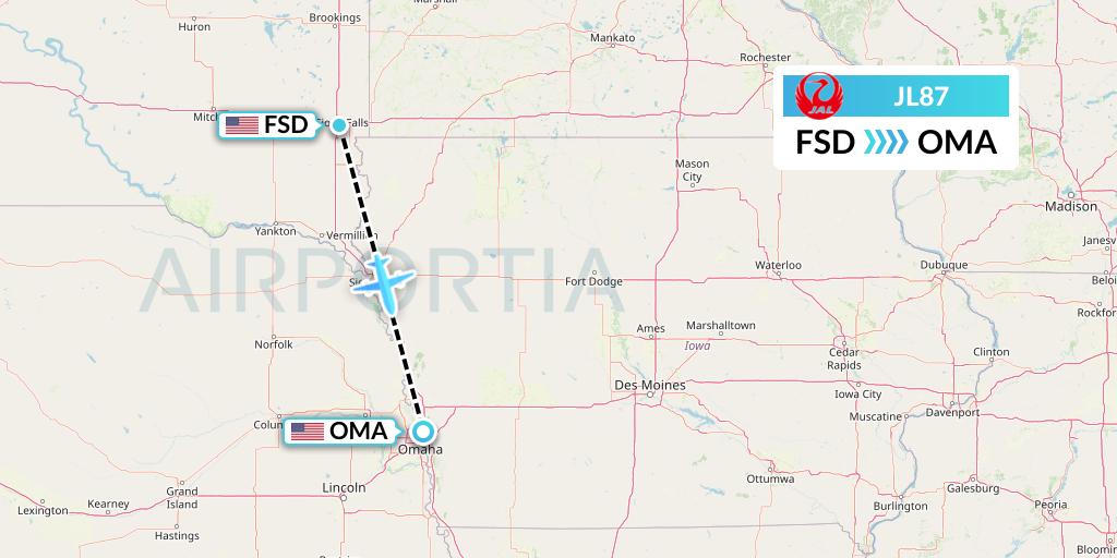 JL87 Japan Airlines Flight Map: Sioux Falls to Omaha