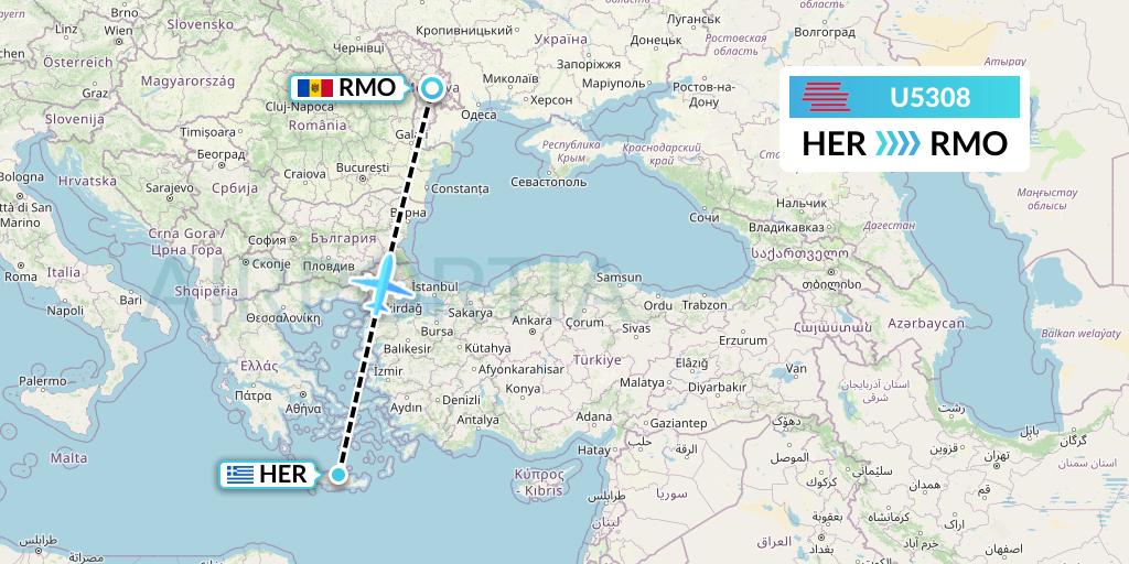 U5308 Karinou Airlines Flight Map: Heraklion to Chisinau
