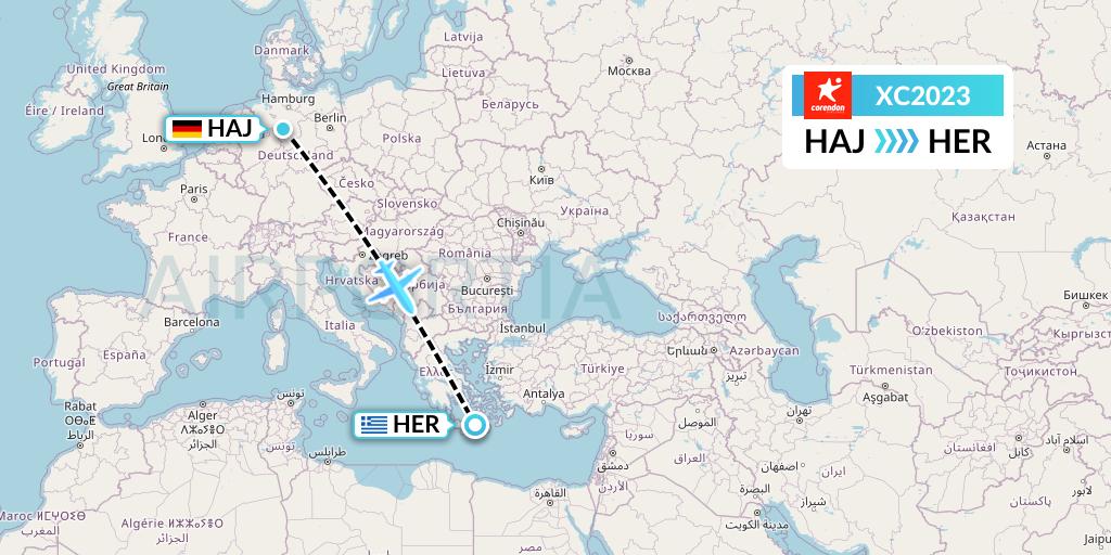 XC2023 Corendon Airlines Flight Map: Hannover to Heraklion