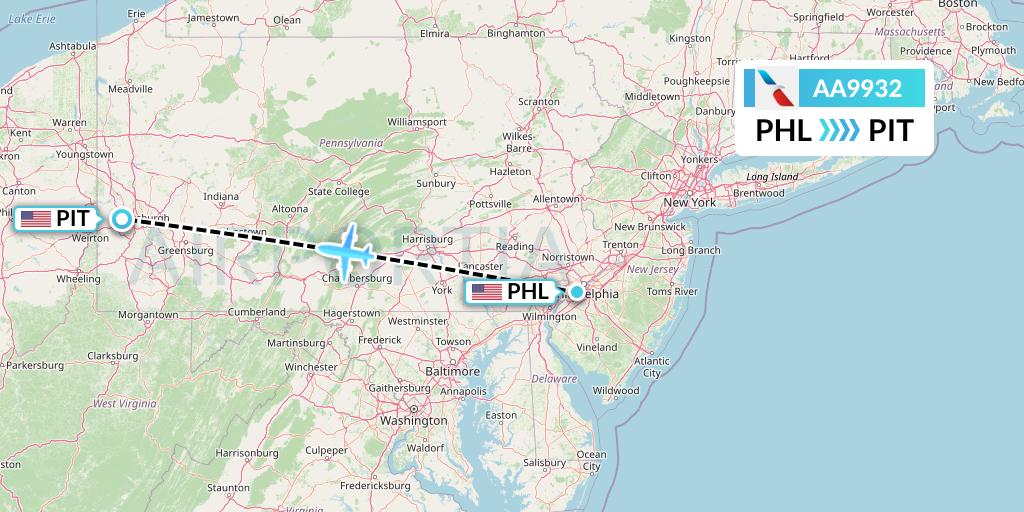 AA9932 American Airlines Flight Map: Philadelphia to Pittsburgh