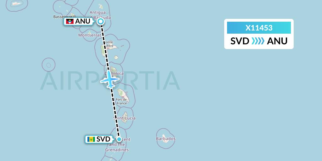 X11453 Nik Airways Flight Map: Kingstown to Antigua