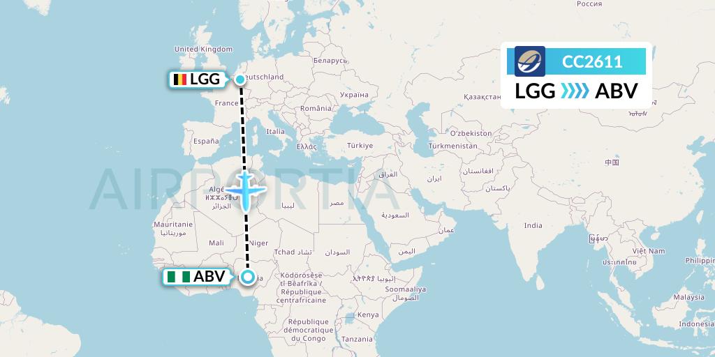 CC2611 CM Airlines Flight Map: Liege to Abuja
