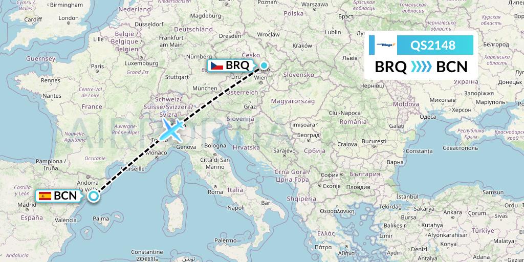 QS2148 Smartwings Flight Map: Brno to Barcelona