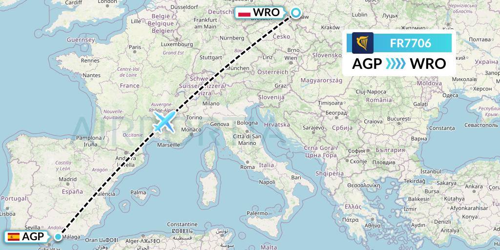 FR7706 Ryanair Flight Map: Malaga to Wroclaw