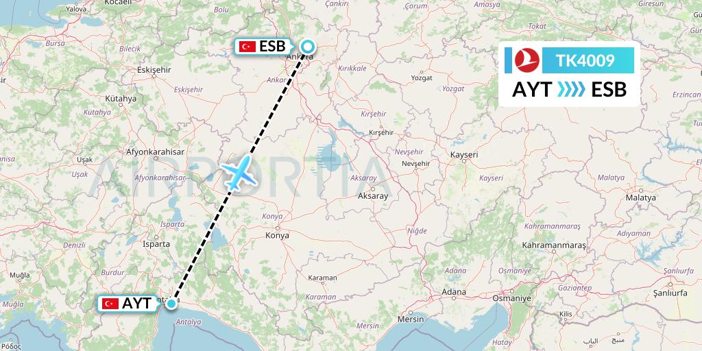TK4009 Turkish Airlines Flight Map: Antalya to Ankara