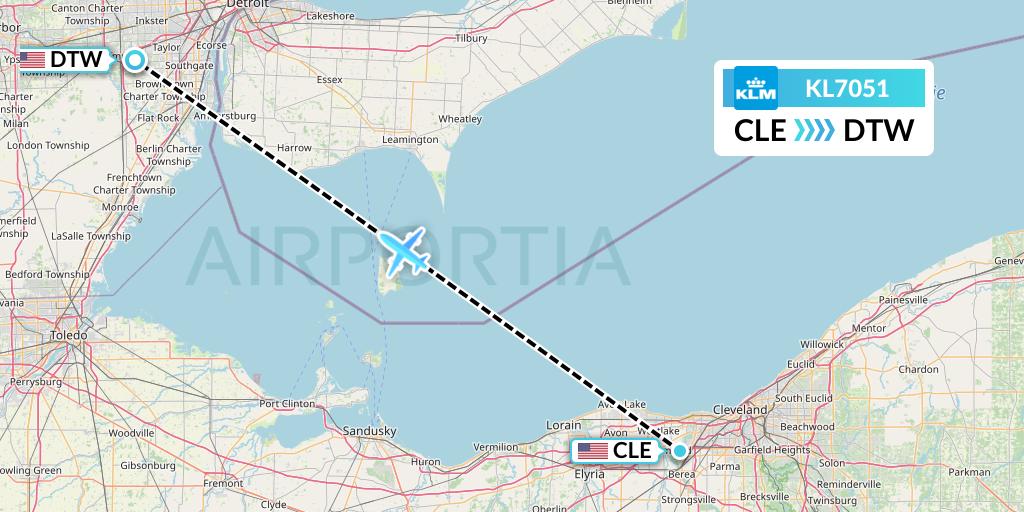 KL7051 KLM Flight Map: Cleveland to Detroit