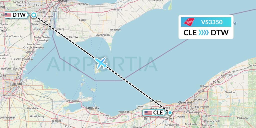VS3350 Virgin Atlantic Airways Flight Map: Cleveland to Detroit