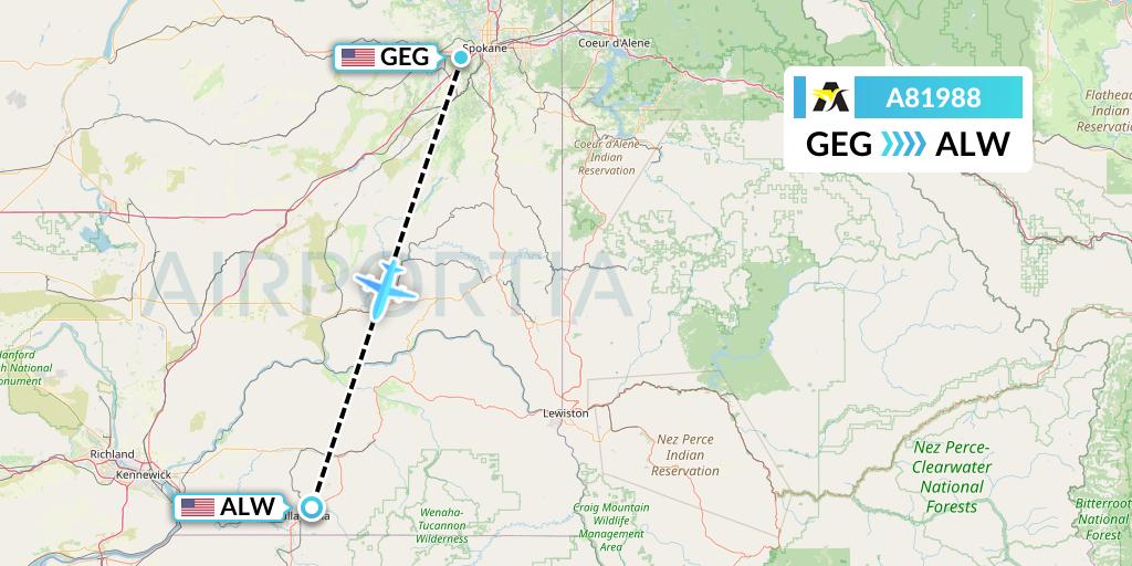 A81988 Aerolink Uganda Flight Map: Spokane to Walla Walla