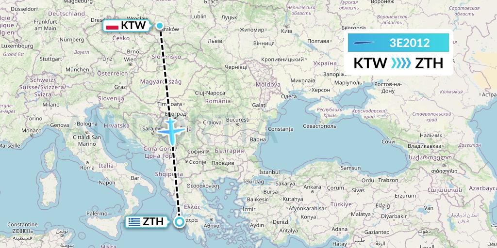3E2012 Air Choice One Flight Map: Katowice to Zakynthos