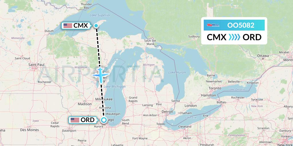 OO5082 SkyWest Airlines Flight Map: Hancock to Chicago