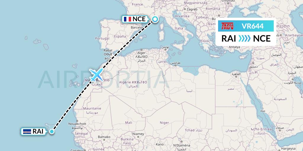 VR644 TACV Cape Verde Airlines Flight Map: Praia to Nice