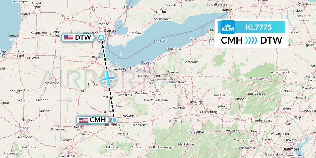 KL7775 KLM Flight Map: Columbus to Detroit