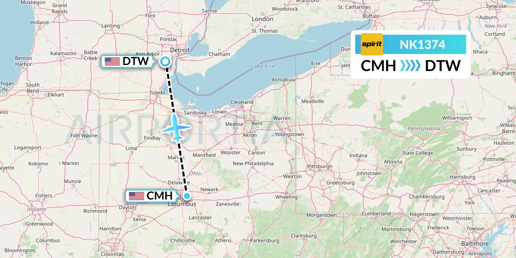 NK1374 Spirit Airlines Flight Map: Columbus to Detroit
