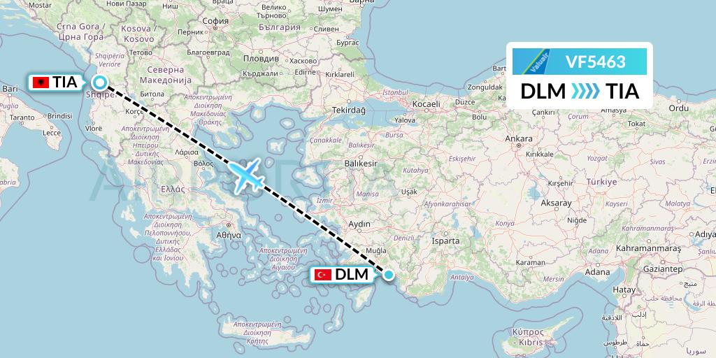 VF5463 ValuAir Flight Map: Dalaman to Tirana