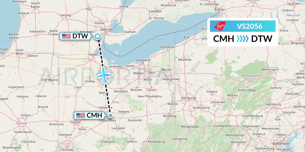 VS2056 Virgin Atlantic Airways Flight Map: Columbus to Detroit