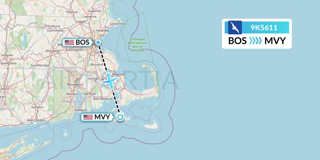 9K5611 Cape Air Flight Map: Boston to Martha's Vineyard