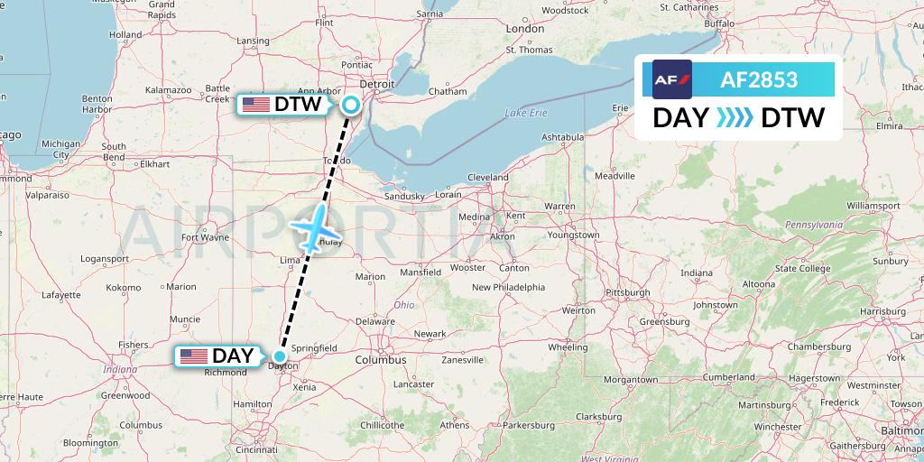AF2853 Air France Flight Map: Dayton to Detroit