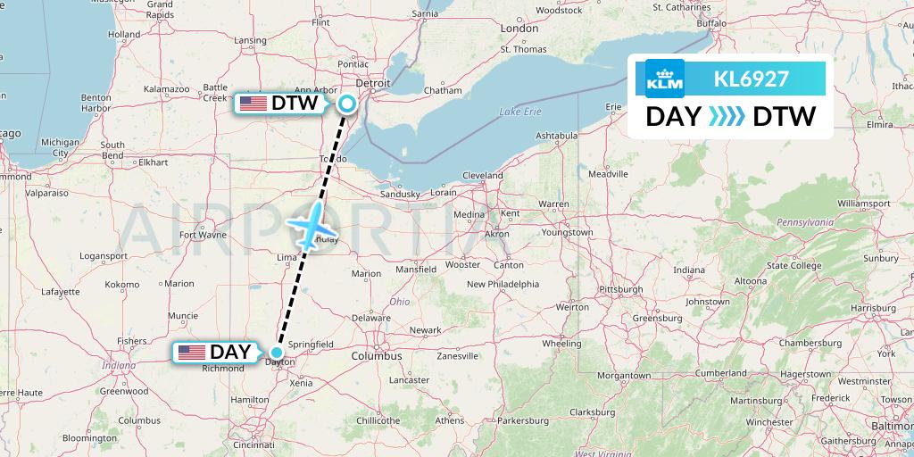 KL6927 KLM Flight Map: Dayton to Detroit