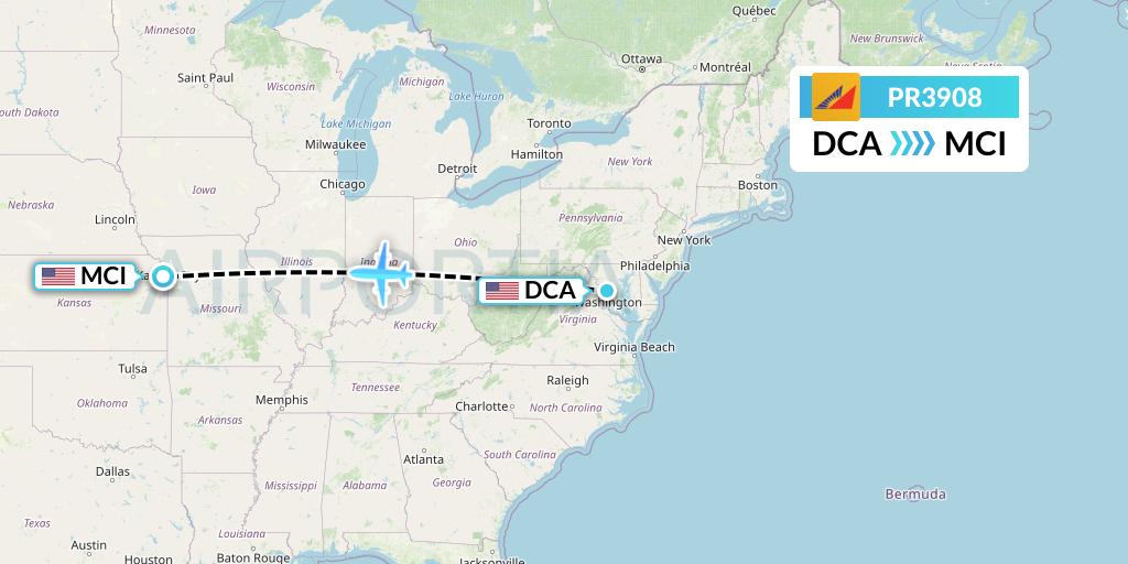 PR3908 Philippine Airlines Flight Map: Washington to Kansas City