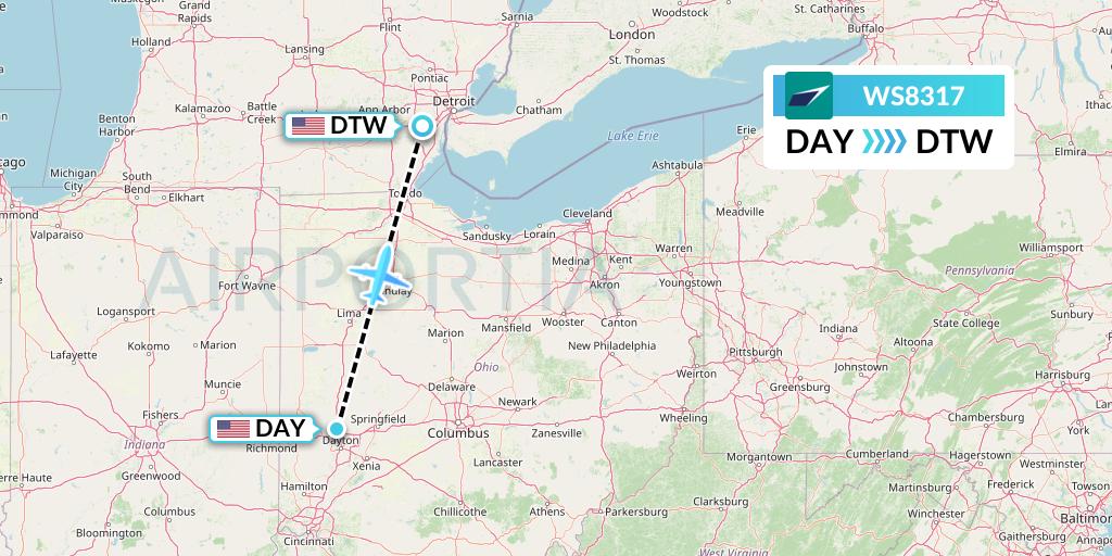 WS8317 WestJet Flight Map: Dayton to Detroit