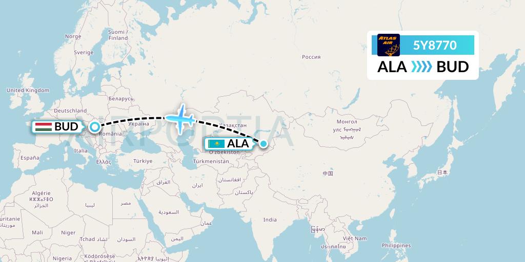 5Y8770 Atlas Air Flight Map: Almaty to Budapest
