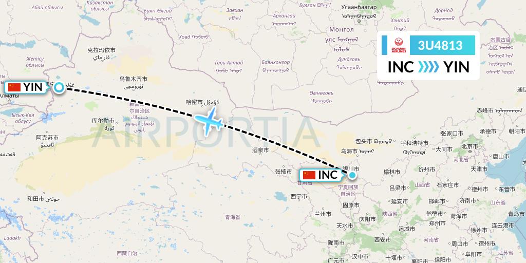 3U4813 Sichuan Airlines Flight Map: Yinchuan to Yining