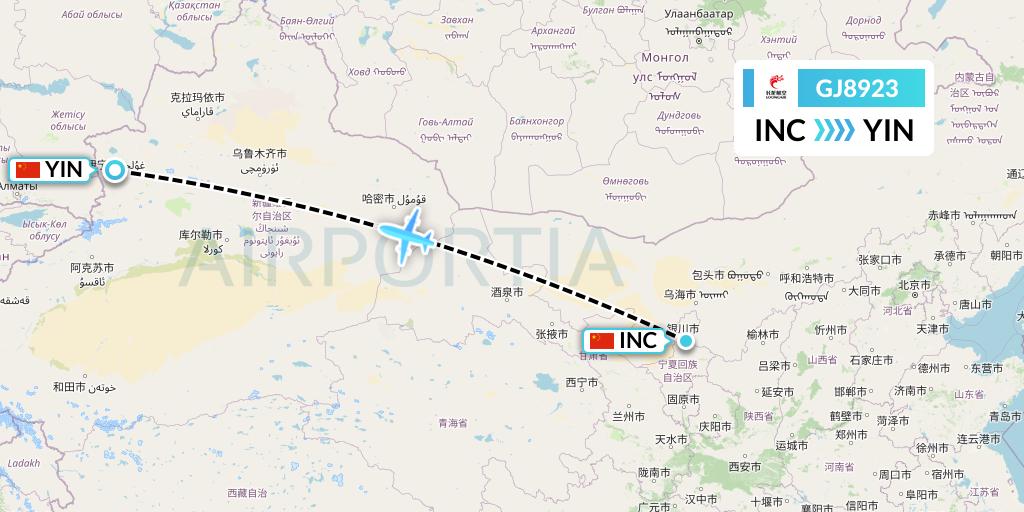 GJ8923 Loong Airlines Flight Map: Yinchuan to Yining
