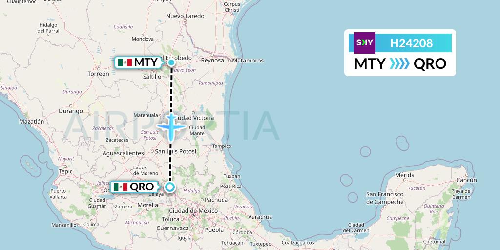H24208 Sky Airline Flight Map: Monterrey to Queretaro