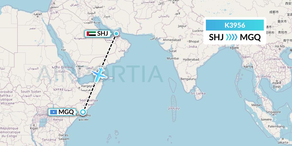 K3956 Taquan Air Flight Map: Sharjah to Mogadishu