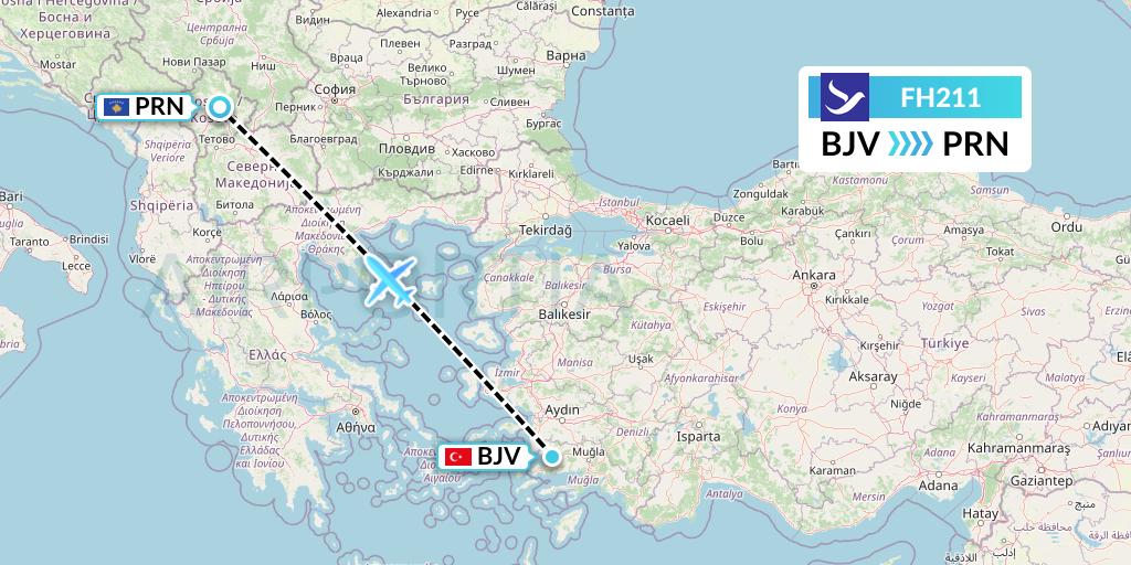 FH211 Freebird Airlines Flight Map: Bodrum to Pristina