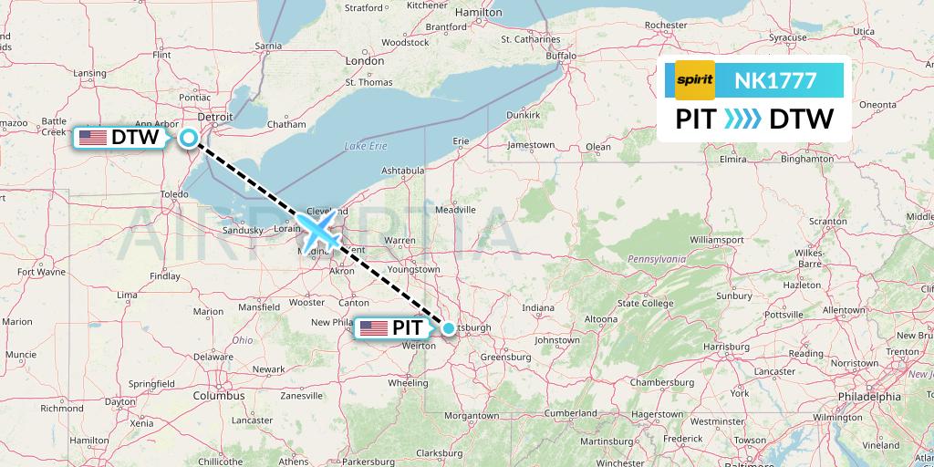 NK1777 Spirit Airlines Flight Map: Pittsburgh to Detroit