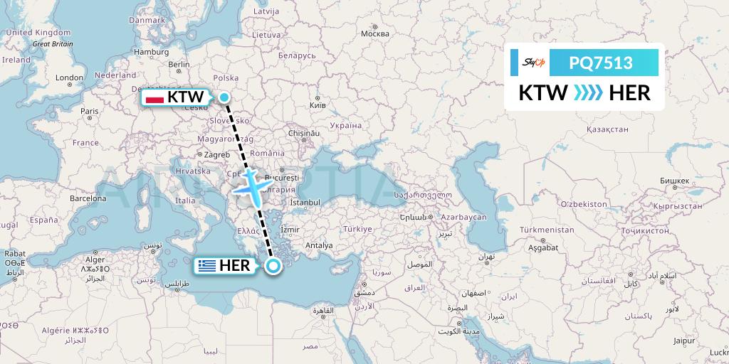 PQ7513 SkyUp Airlines Flight Map: Katowice to Heraklion