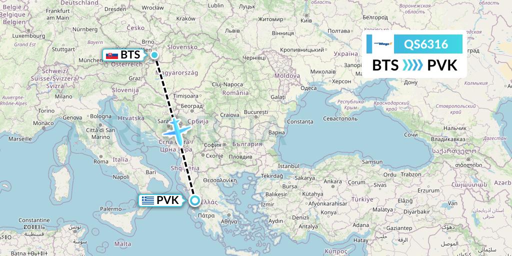 QS6316 Smartwings Flight Map: Bratislava to Preveza