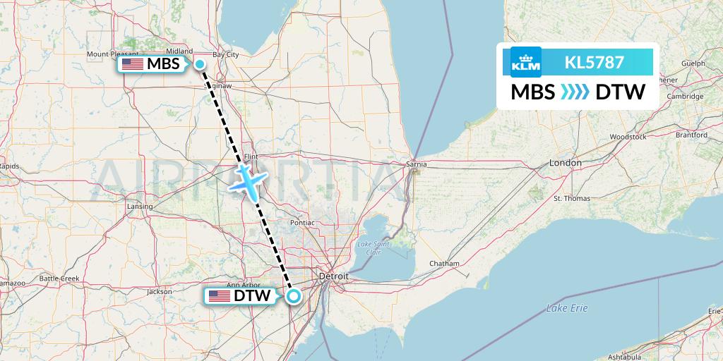 KL5787 KLM Flight Map: Saginaw to Detroit
