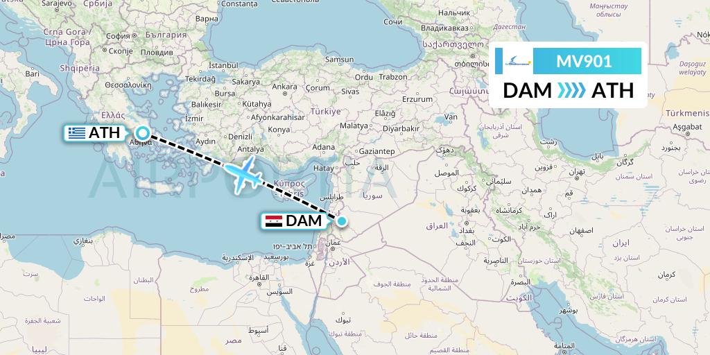 MV901 Aviastar Mandiri Flight Map: Damascus to Athens