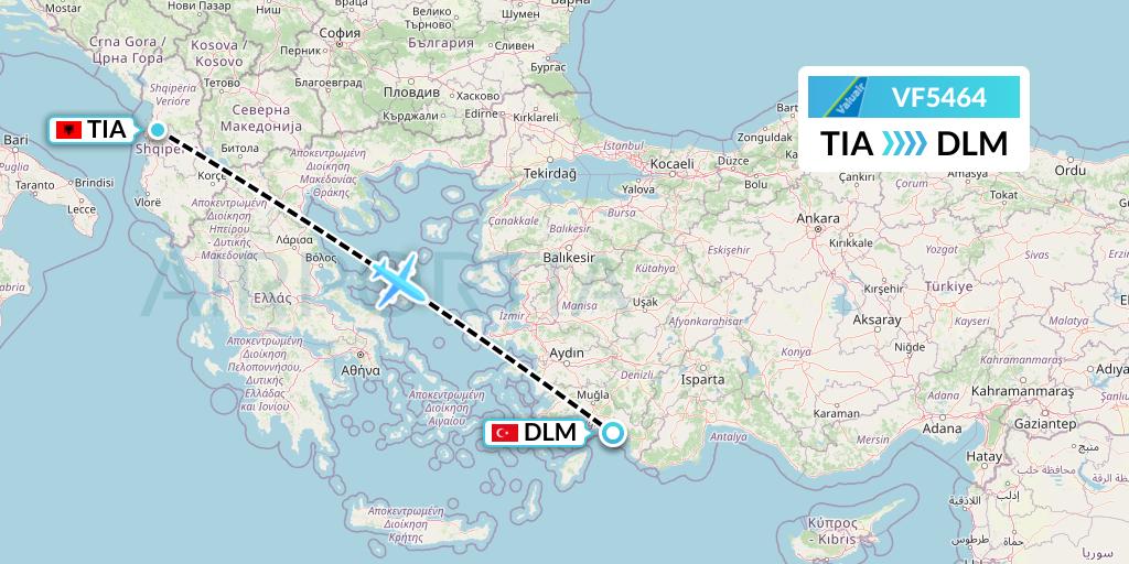 VF5464 ValuAir Flight Map: Tirana to Dalaman
