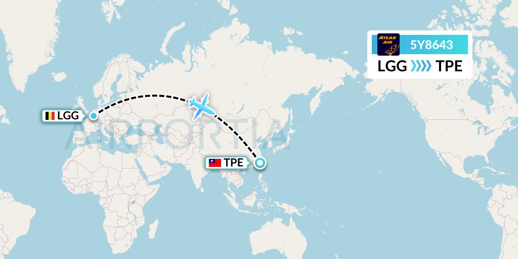 5Y8643 Atlas Air Flight Map: Liege to Taipei