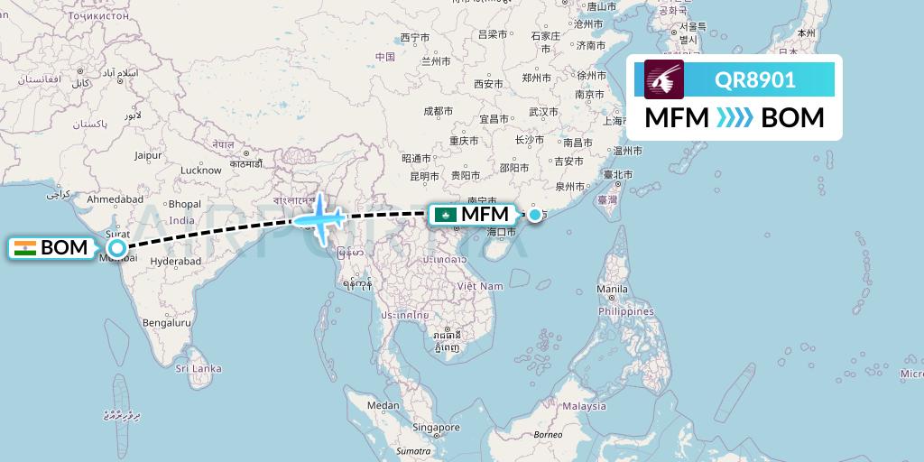 QR8901 Qatar Airways Flight Map: Macau to Mumbai